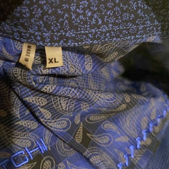Bugatchi Uomo Dark Blue Medium Blue Plaid Paisley Print Button Down Dress Shirt - Picture 12 of 15